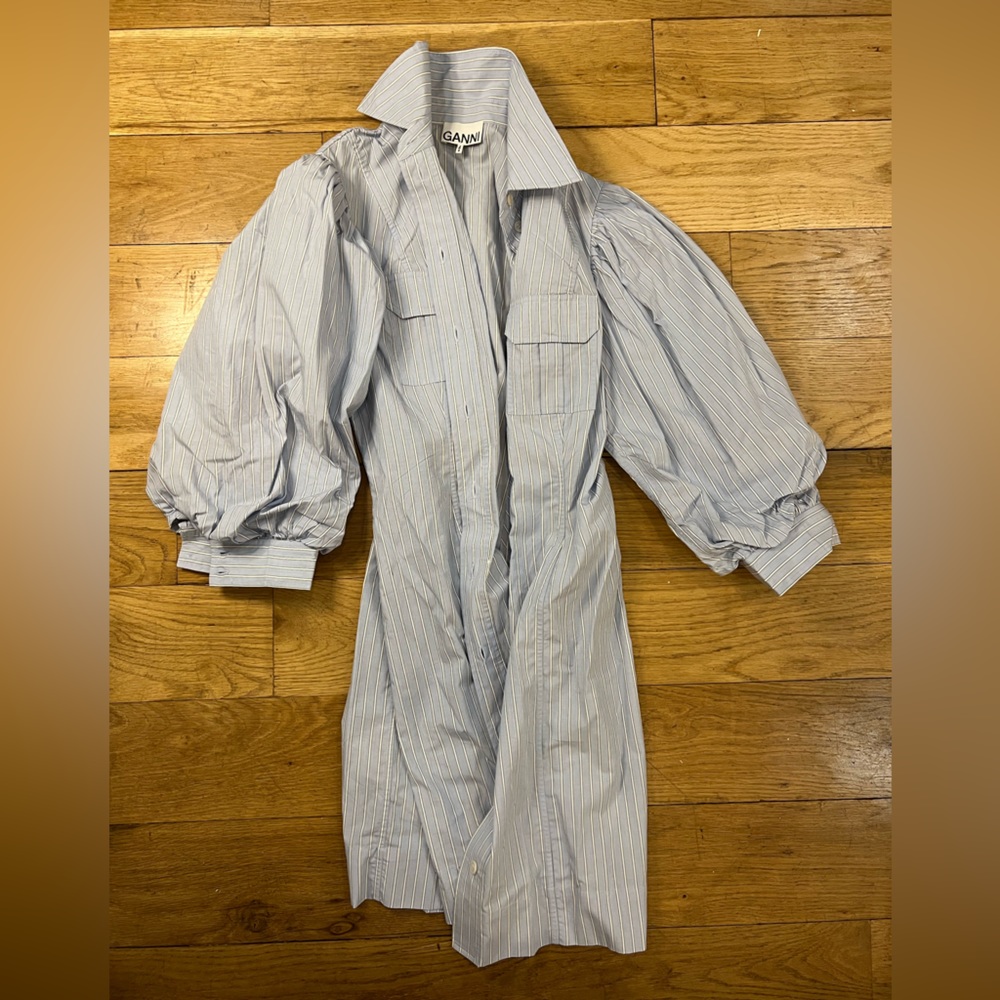 GANNI
Striped Puff Sleeve Shirt Dress